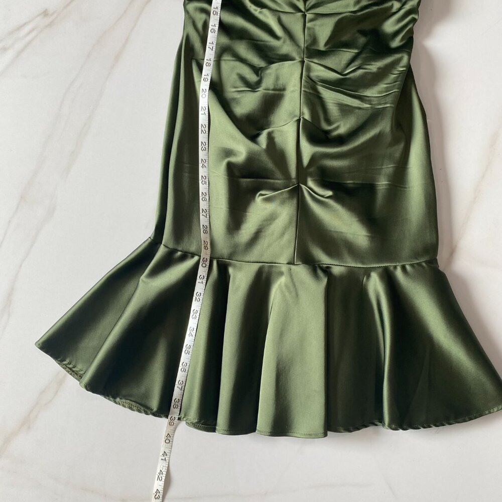Xscape Petite 14P Satin Olive Green Mermaid Cocktail Dress Jeweled Spaghetti - Picture 7 of 10